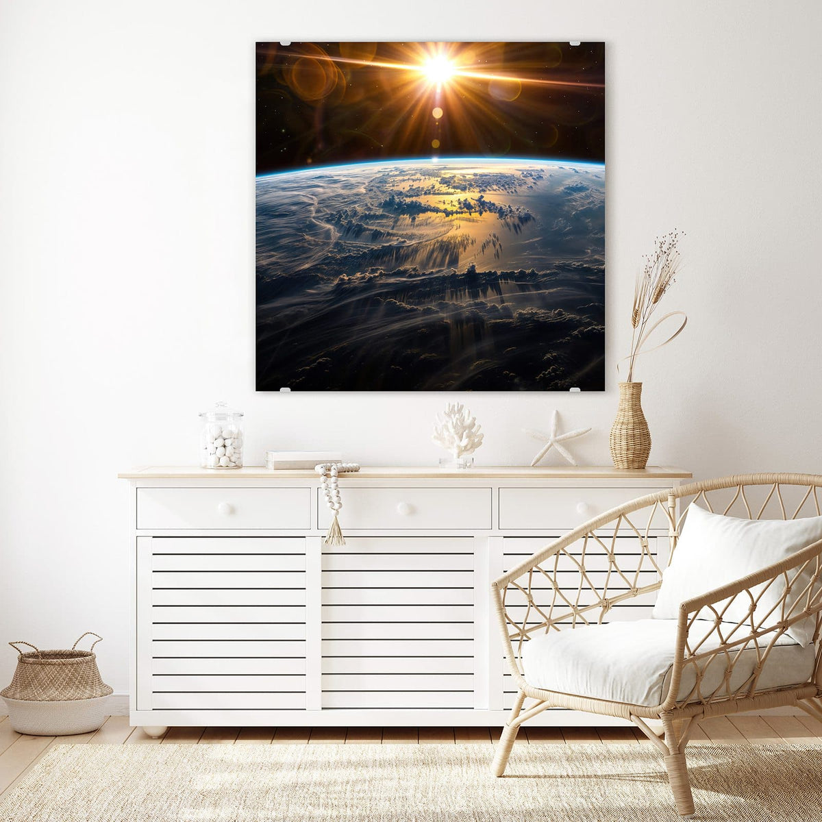 Glasbild Goldener Sonnenaufgang an der Wand – Sonne bricht als goldener Stern über der Erdkrümmung hervor, Wolkendecke darunter