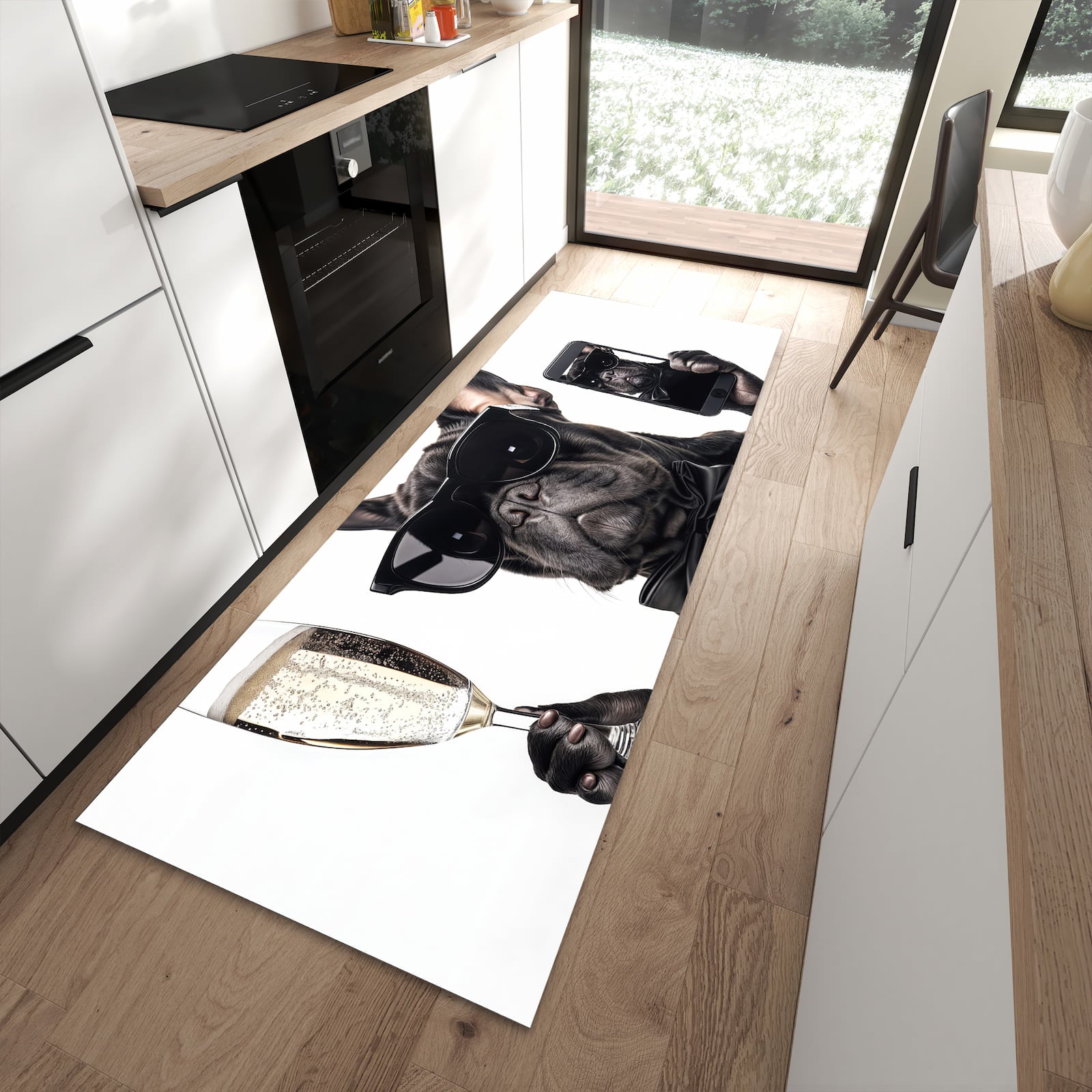 Geruchsneutraler rutschfester Küchenteppich mit Motiv Sonnenbrillenhund in moderner Küche