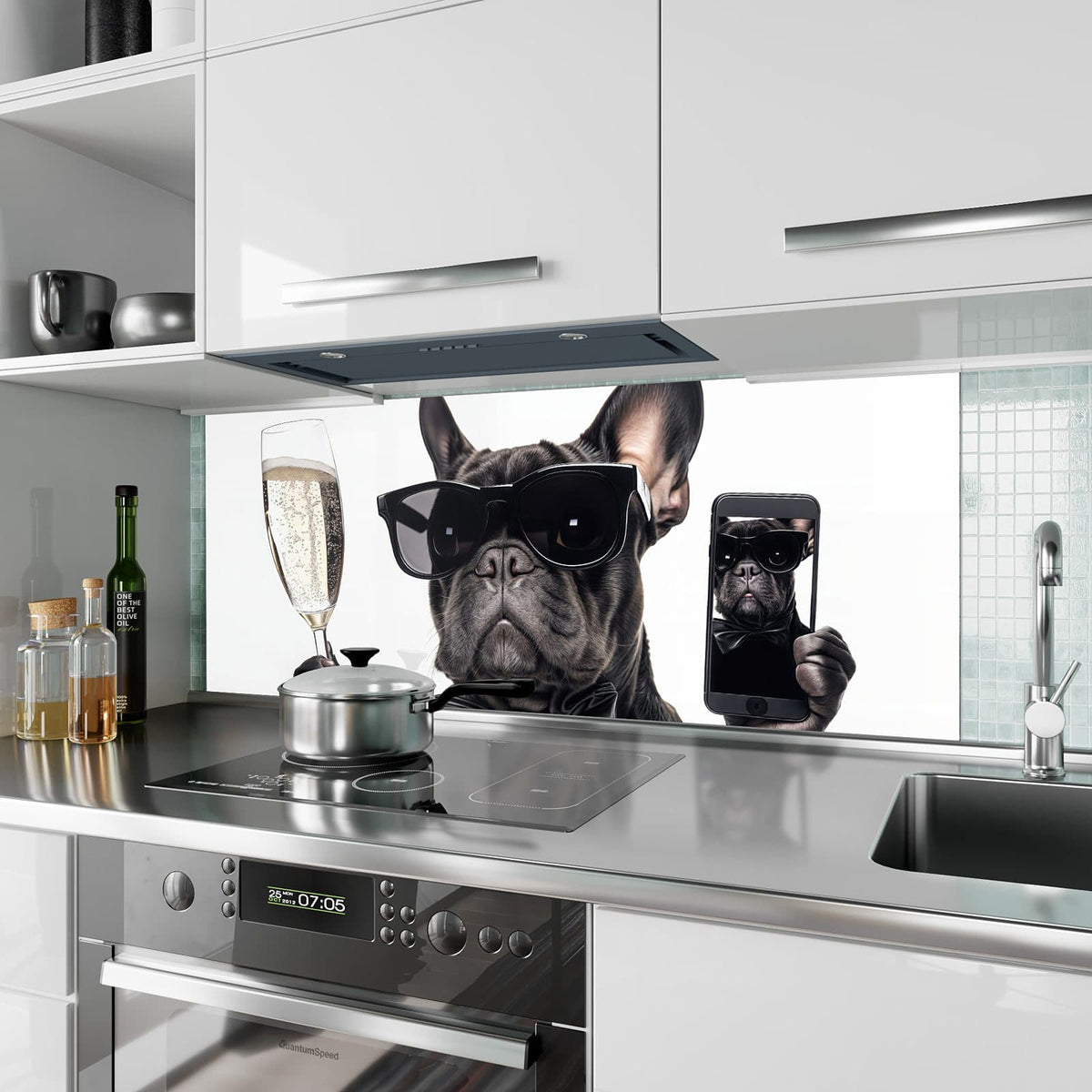 Küchenrückwand aus Glas Hund mit Sonnenbrille im Hochformat als Spritzschutz hinter dem Kochfeld, über dem Fliesenspiegel montiert