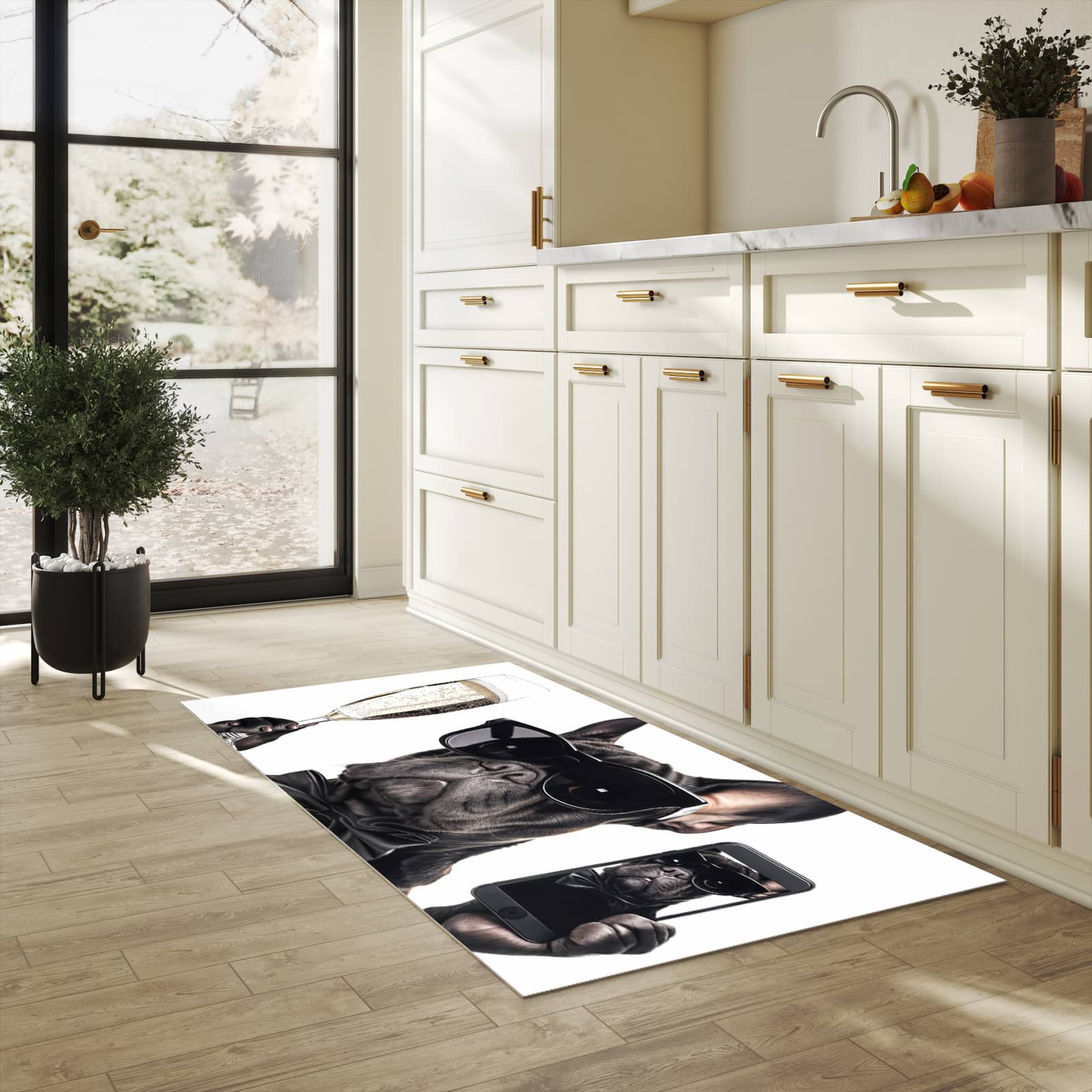 UV-beständiger Küchenläufer mit Motiv Sonnenbrillenhund in heller Küche