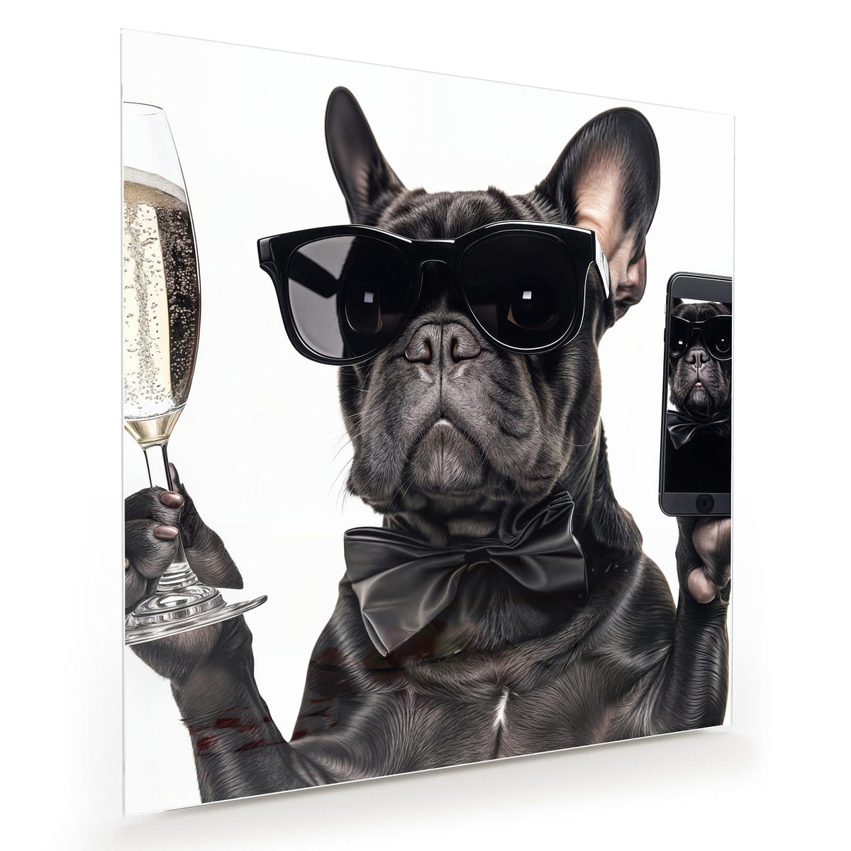 Französische Bulldogge mit schwarzer Sonnenbrille und Fliege, hält Sektglas und Smartphone
