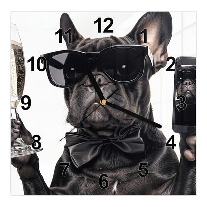 Wanduhr Quadratisch mit dem Motiv Hund mit Sonnenbrille