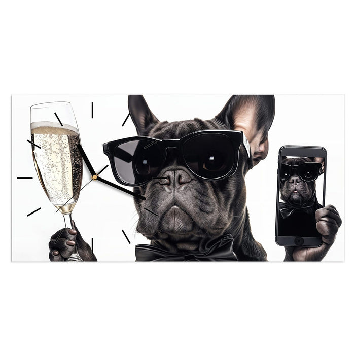 Wanduhr Sonnenbrillenhund aus Glas – Querformat 60 × 30 cm mit Ziffernblatt Linie