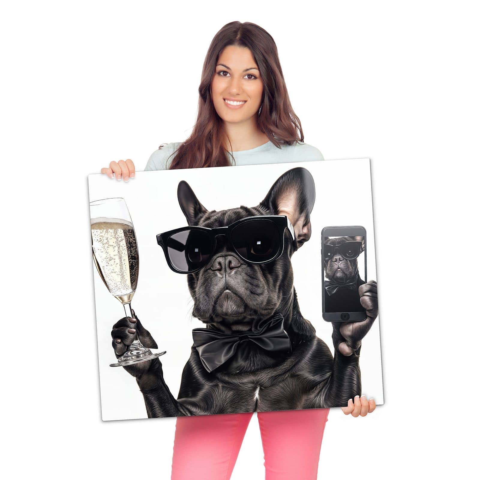 Herdabdeckplatte mit Sonnenbrillenhund-Motiv wird zur Größendarstellung gehalten