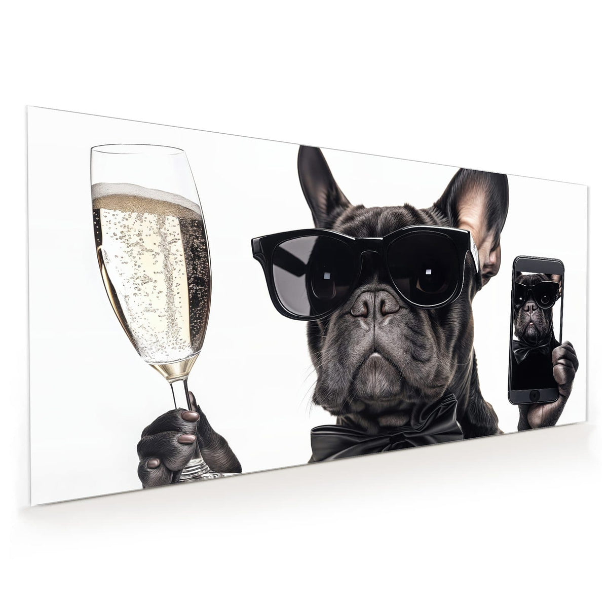 Küchenrückwand aus Glas im Hochformat mit Motiv Hund mit Sonnenbrille: Französische Bulldogge mit schwarzer Sonnenbrille und Fliege