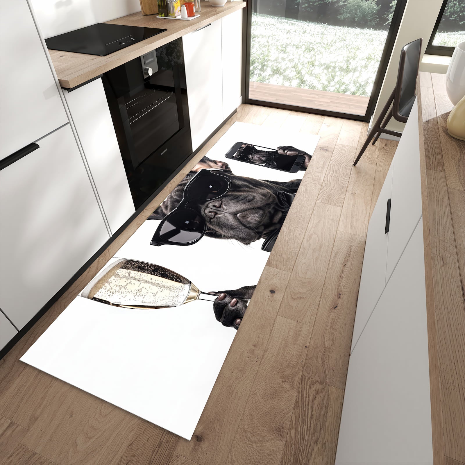 Rutschfester Küchenteppich mit Motiv Sonnenbrillenhund für Trittkomfort in moderner Küche