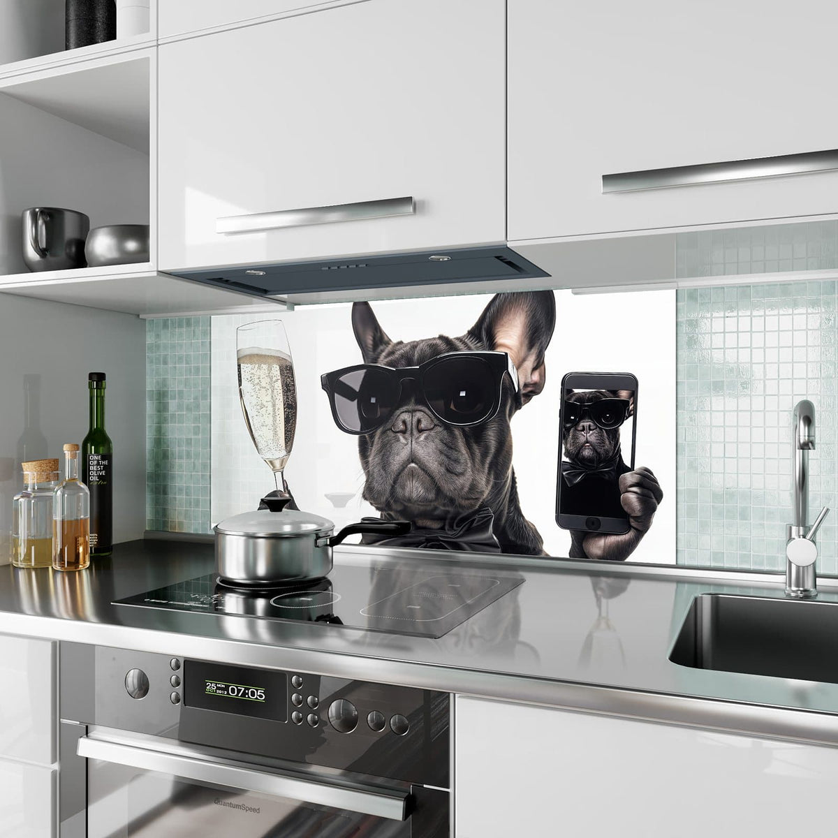 Küchenrückwand aus Glas Hund mit Sonnenbrille im Hochformat als Spritzschutz hinter dem Kochfeld, über dem Fliesenspiegel montiert