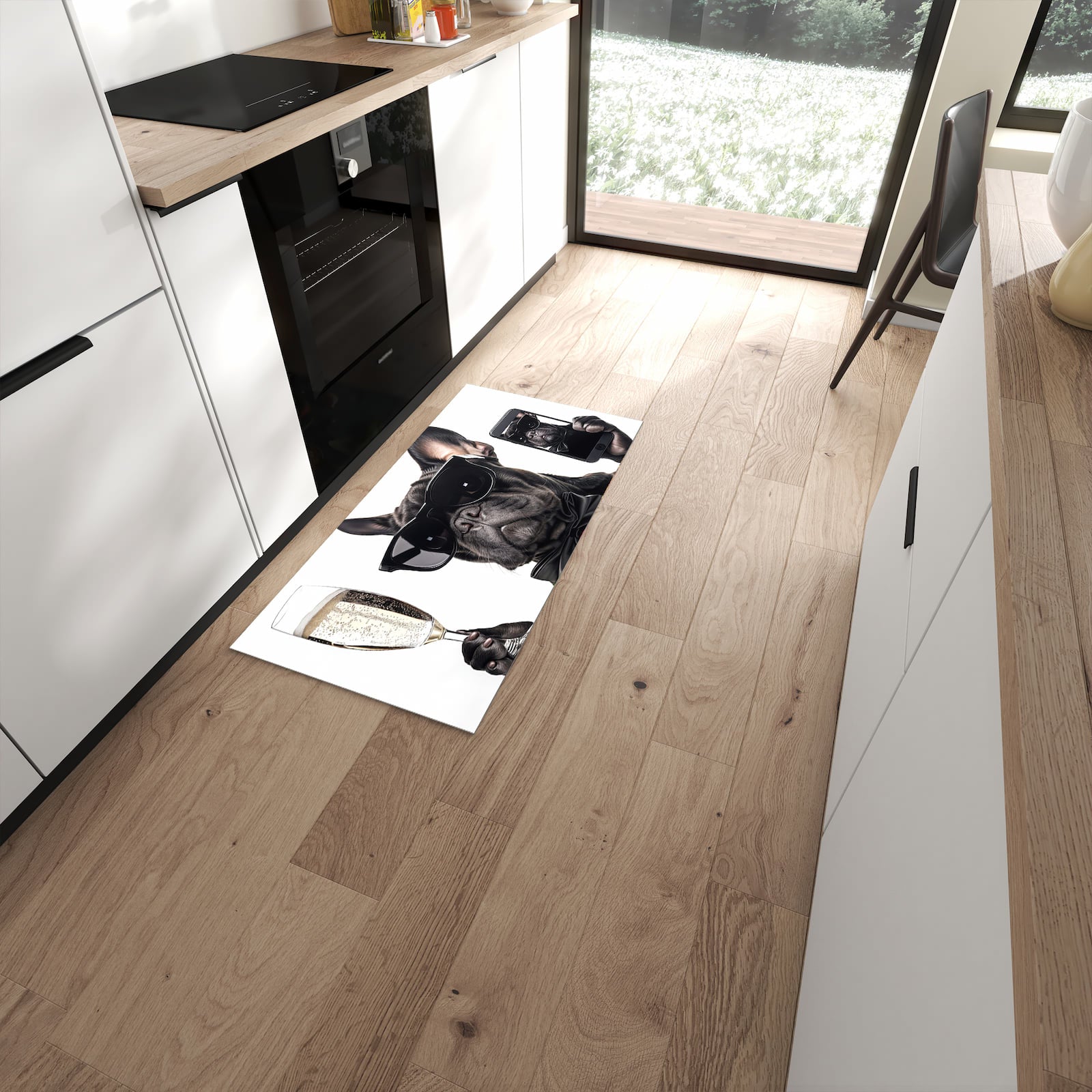 Bodenschonender Küchenläufer mit Motiv Sonnenbrillenhund in moderner Küche #grösse_60 x 120 cm