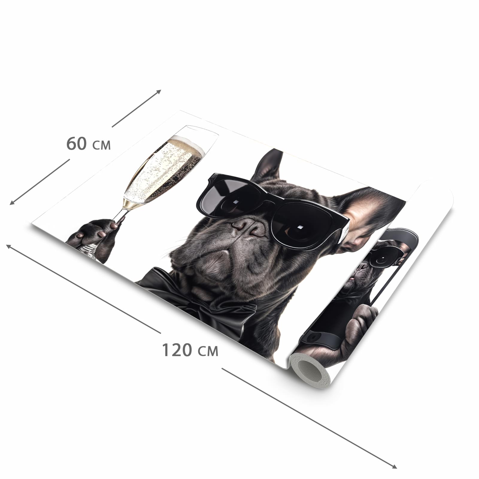 Feuchtigkeitsresistenter Küchenteppich mit Motiv Sonnenbrillenhund in der Grösse 60x90 cm