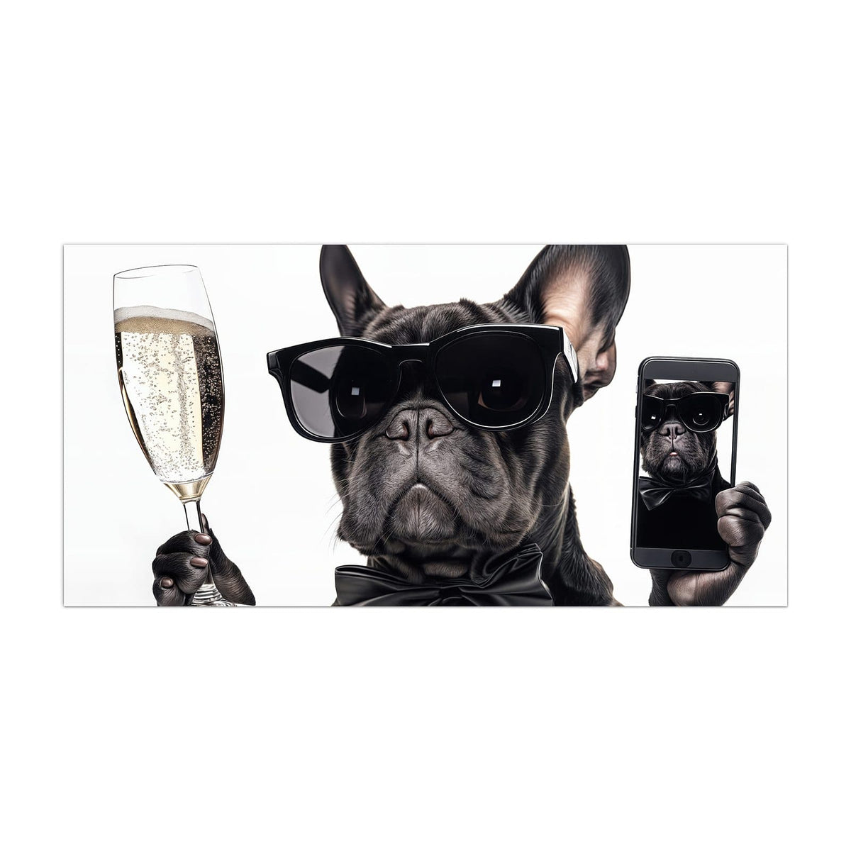 Küchenrückwand aus Glas Hund mit Sonnenbrille im Hochformat, Motiv bildfüllend von vorn