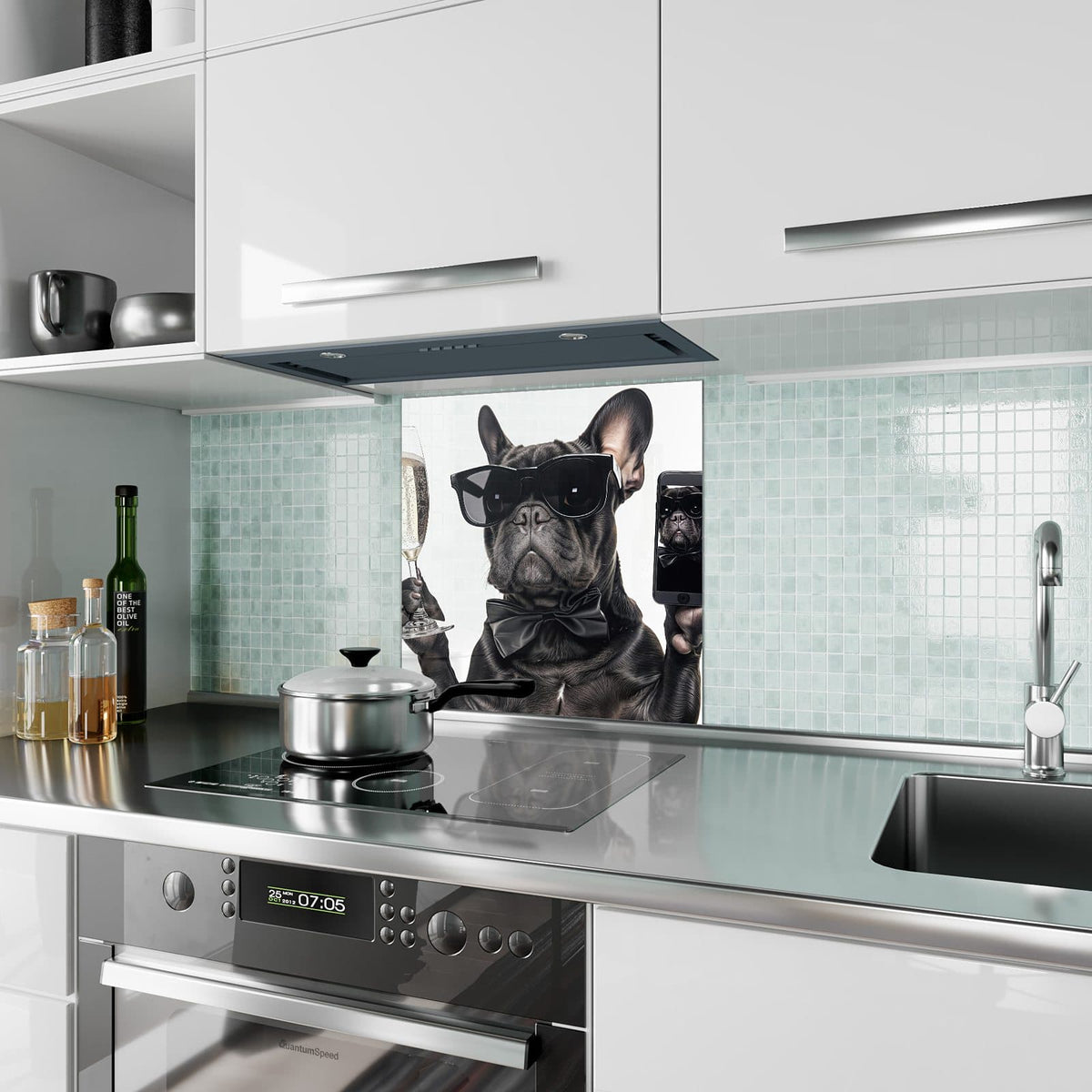 Küchenrückwand Hund mit Sonnenbrille aus Glas – Bulldogge mit Sonnenbrille und Sekt