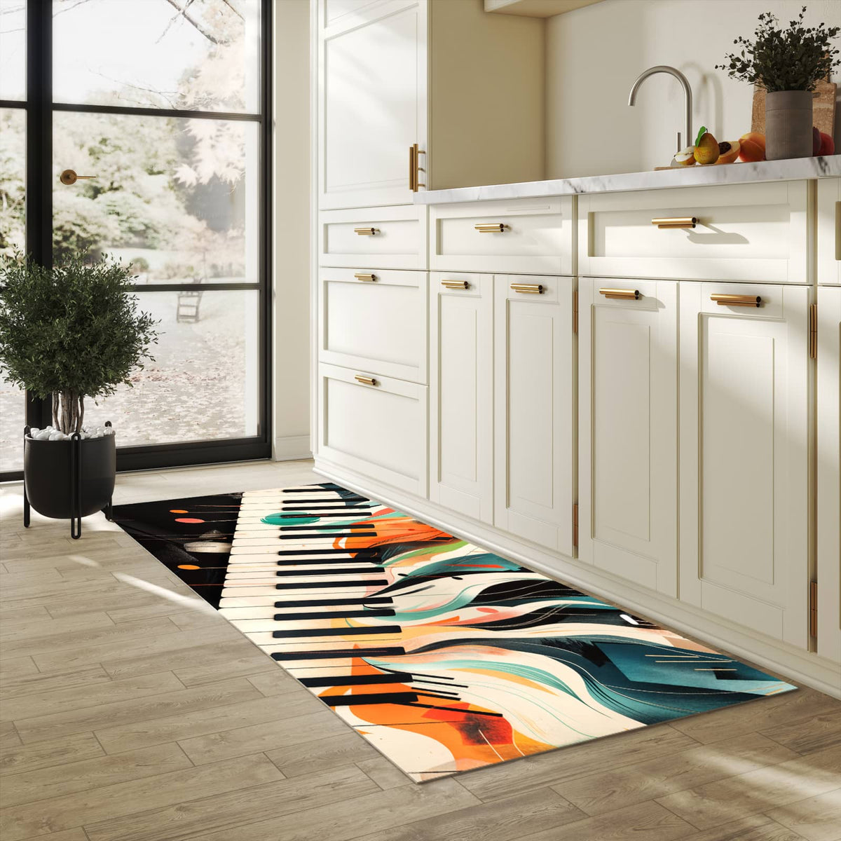 Langlebiger Bodenläufer mit Motiv Farben Klavier in heller Küche