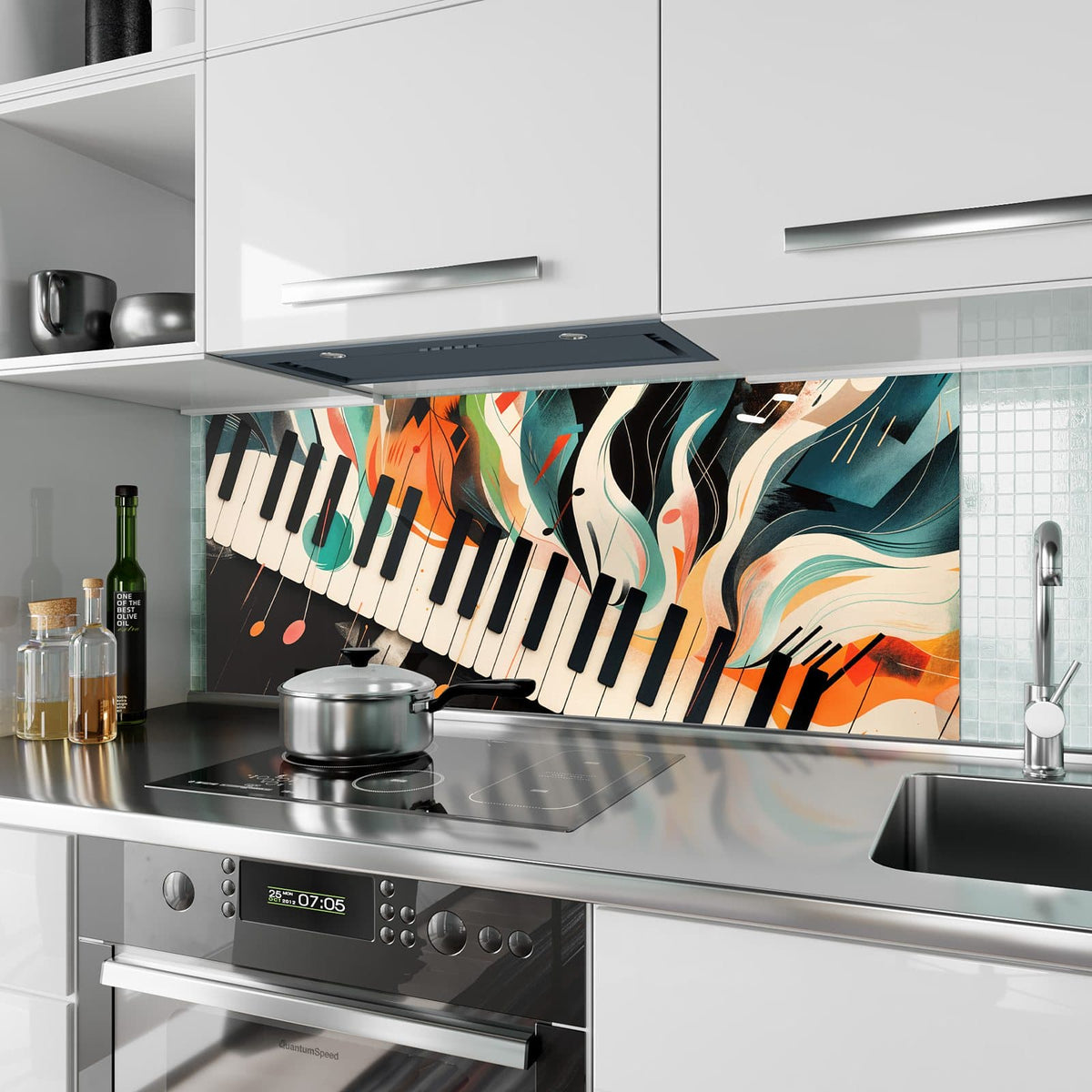 Küchenrückwand aus Glas Klavier in Farbwellen im Hochformat als Spritzschutz hinter dem Kochfeld, über dem Fliesenspiegel montiert