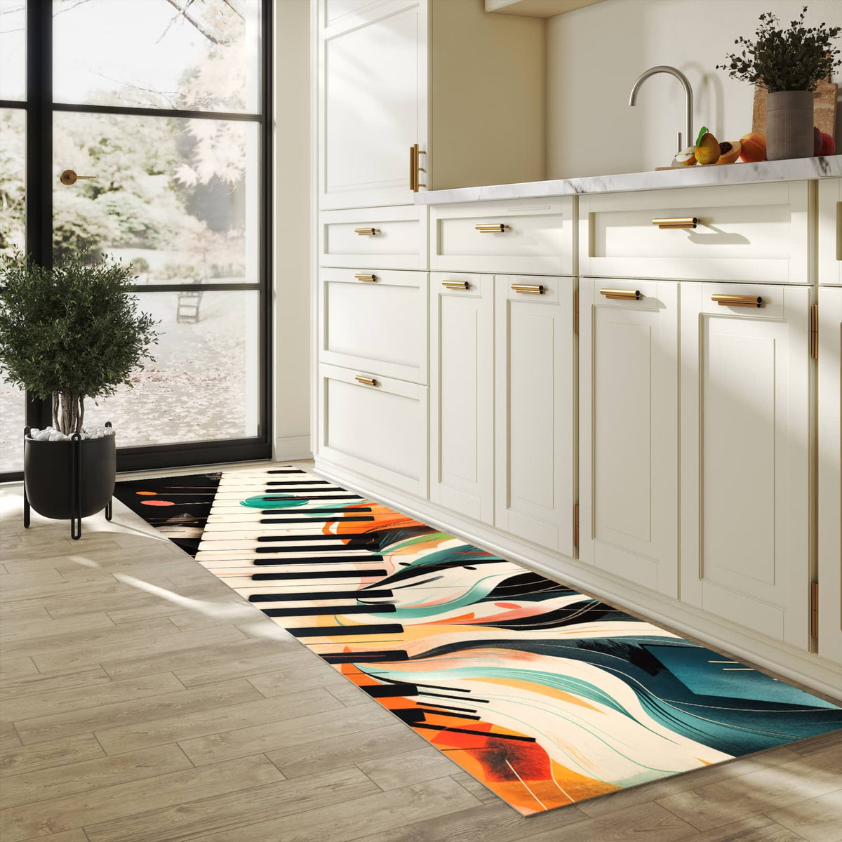 Strapazierfähiger Teppich für Esstisch mit Motiv Farben Klavier in heller Küche