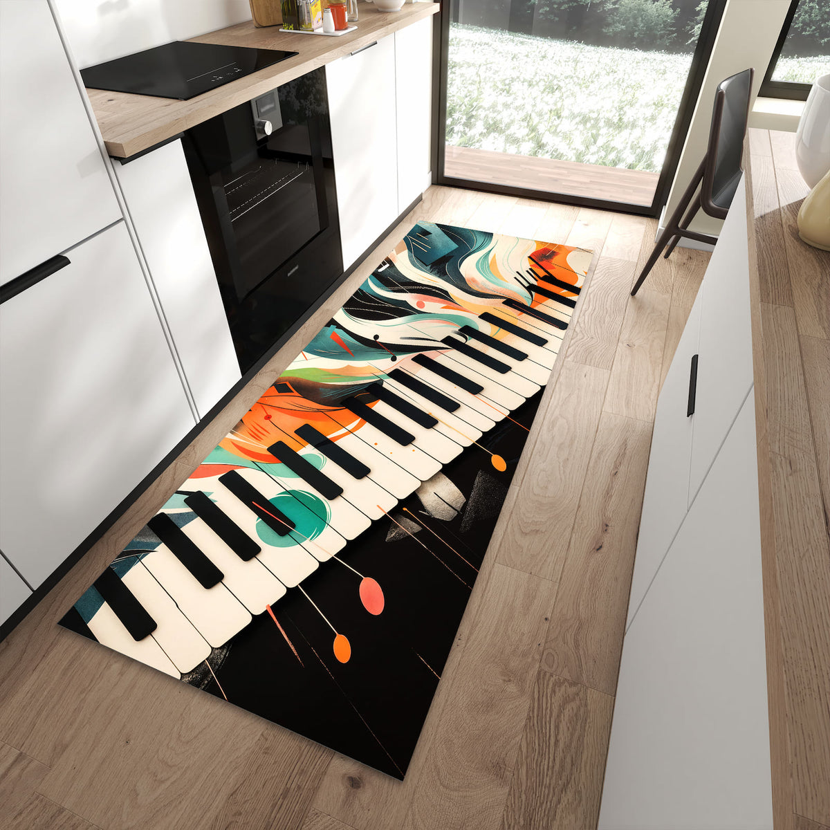 Ordnungsschaffender Küchenläufer mit Motiv Farben Klavier in moderner Küche
