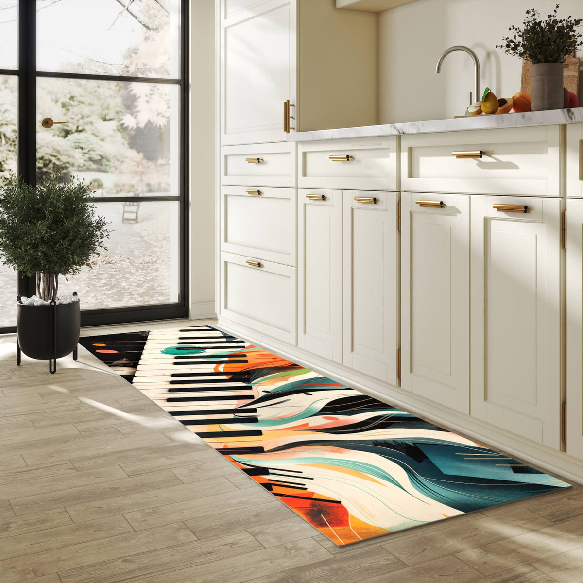 Hygienischer Teppich fürs Esszimmer mit Motiv Farben Klavier in heller Küche