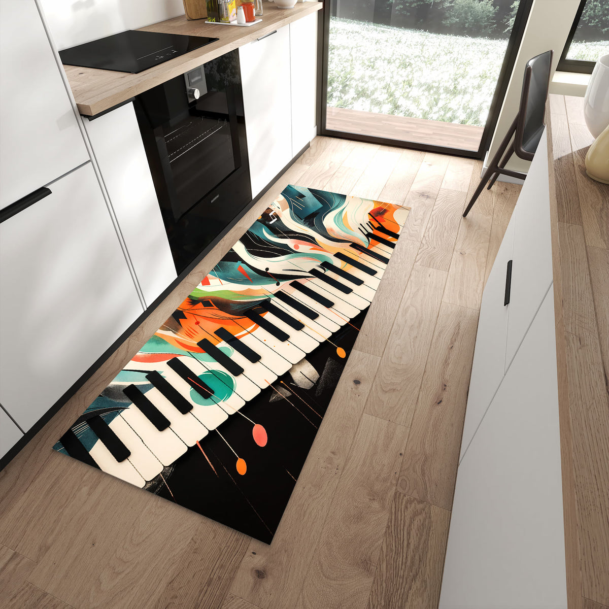 Waschbarer Küchenläufer mit Motiv Farben Klavier in moderner Küche