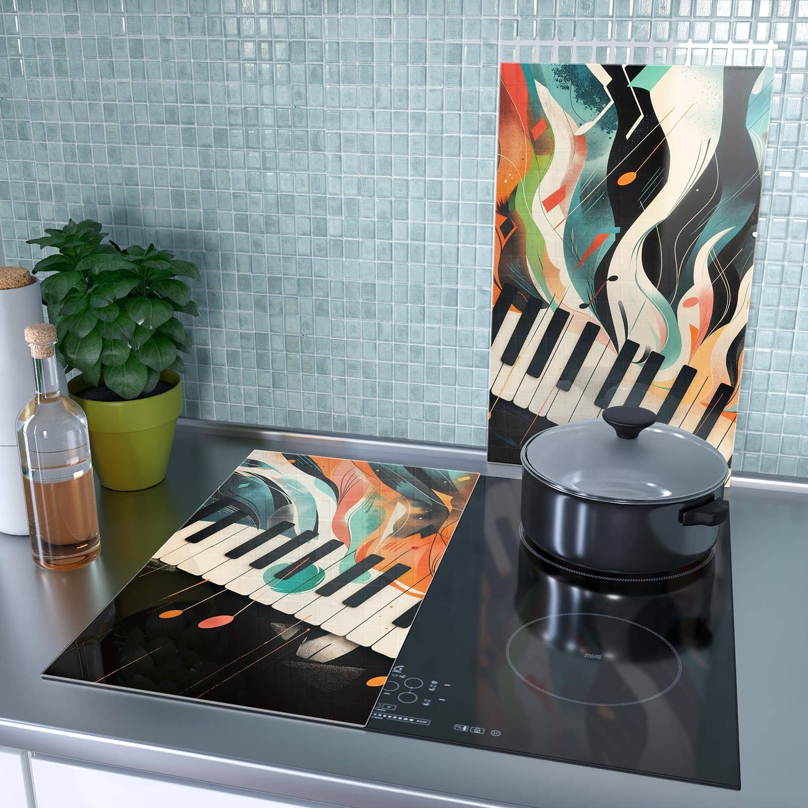 2-teilige Herdabdeckplatte Induktion mit Farben Klavier-Motiv als Spritzschutz hinter dem Kochfeld