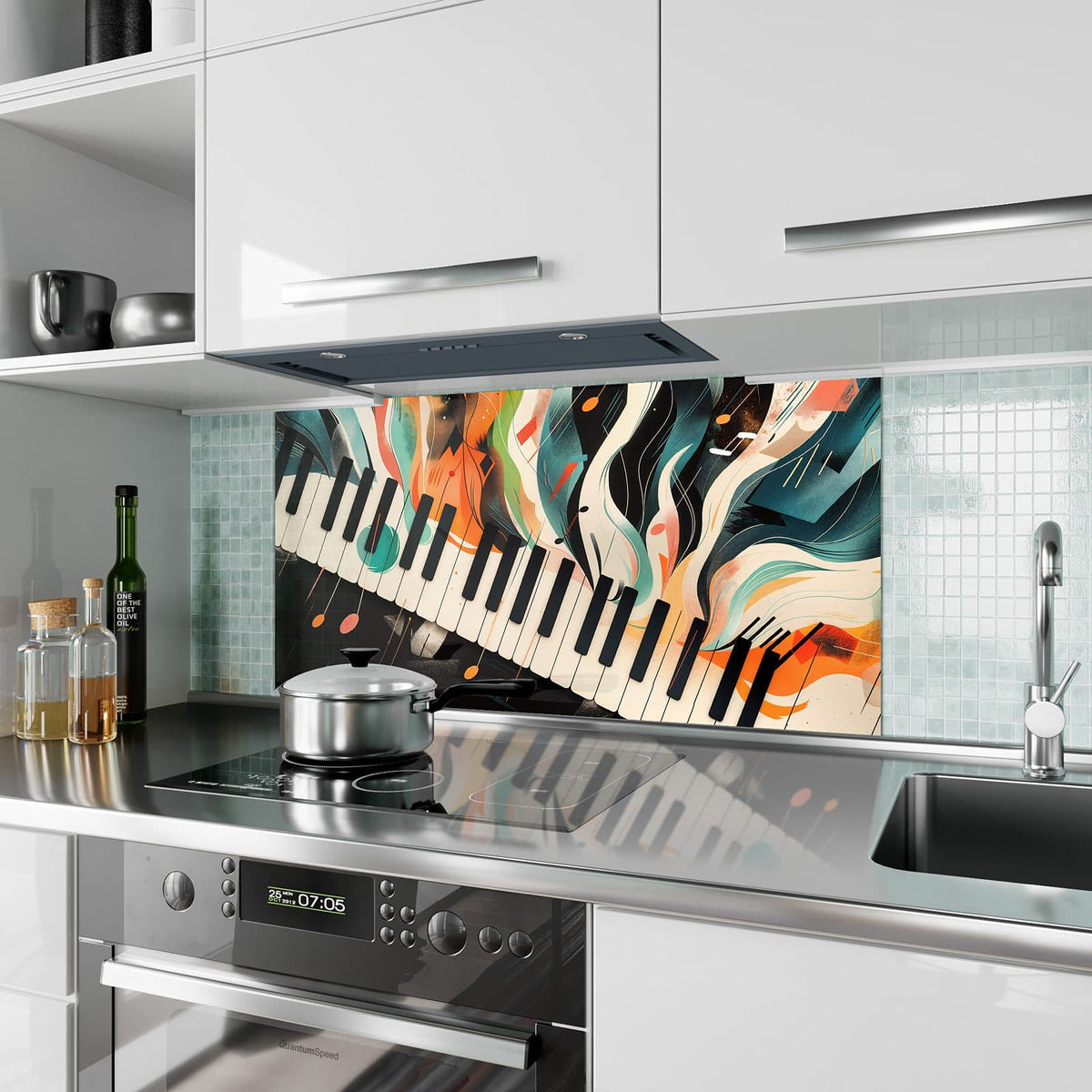 Küchenrückwand aus Glas Klavier in Farbwellen im Hochformat als Spritzschutz hinter dem Kochfeld, über dem Fliesenspiegel montiert