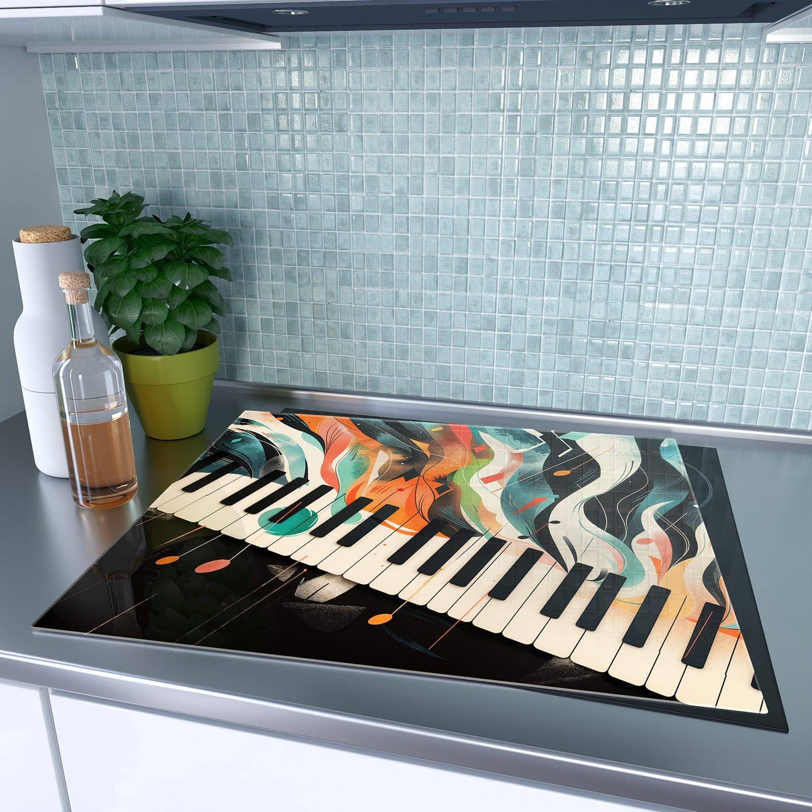 1-teilige Herdabdeckung aus Holz mit Farben Klavier-Motiv auf dem Ceranfeld