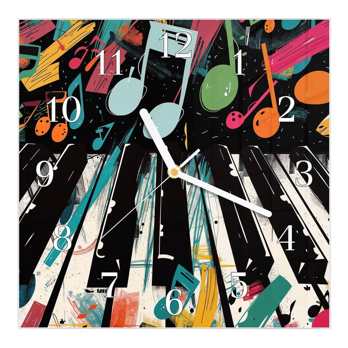 Wanduhr aus Glas, Ziffernblatt Klassisch mit Motiv Klaviertasten und Noten: Klaviertasten in Untersicht, darüber große bunte Musiknoten auf Schwarz