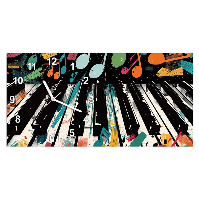 Wanduhr Musiknoten Klavier aus Glas – Querformat 60 × 30 cm mit Ziffernblatt Modern