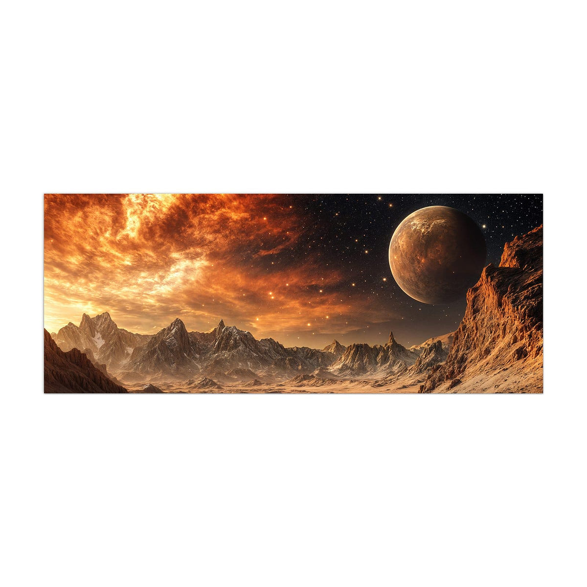 Küchenrückwand aus Glas Planet über der Wüste im Hochformat, Motiv bildfüllend von vorn