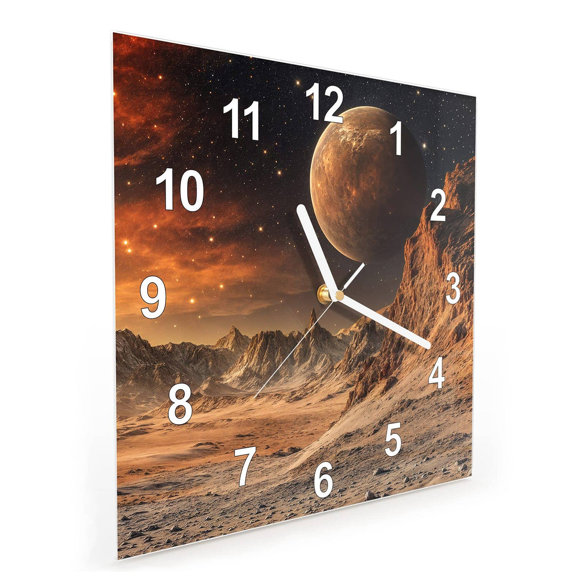 Quadratische Wanduhr aus Glas Planet über der Wüste schräg von der Seite, 4 mm starkes Glas