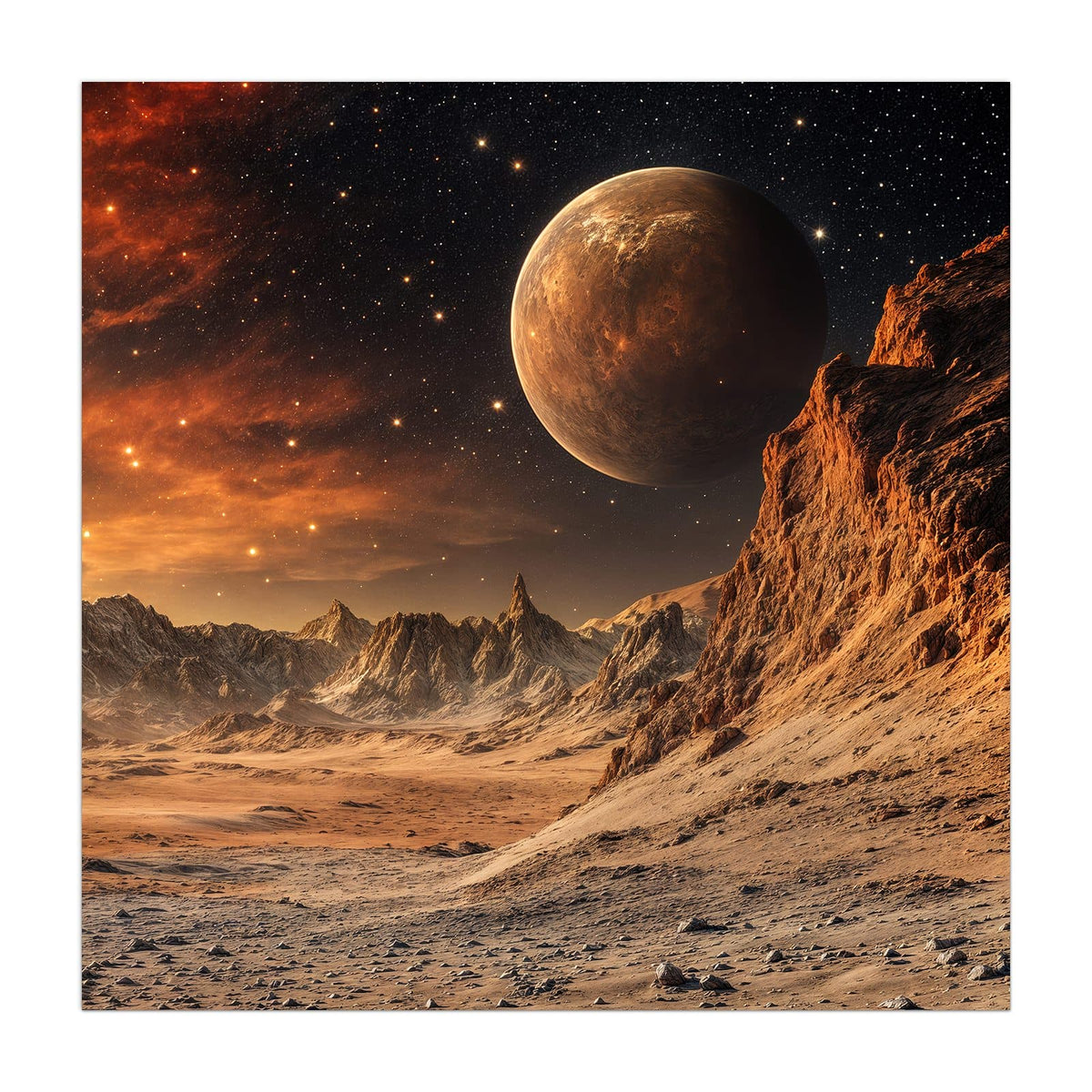 Küchenrückwand aus Glas Planet über der Wüste im quadratischen Format, Motiv bildfüllend von vorn