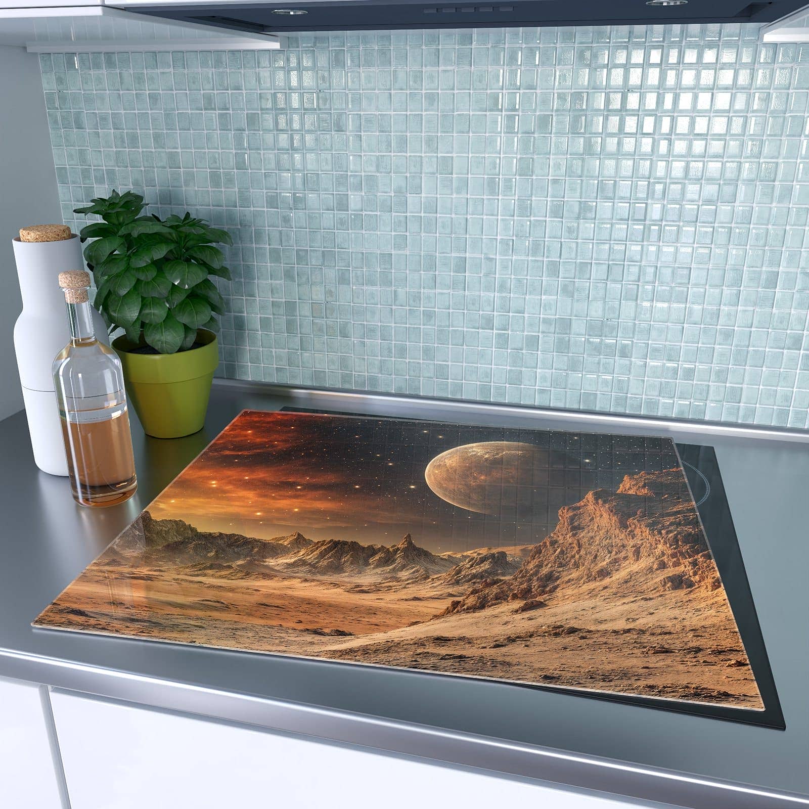 1-teilige Glasabdeckplatte für Ceranfeld mit Fremder Planet-Motiv auf dem Ceranfeld