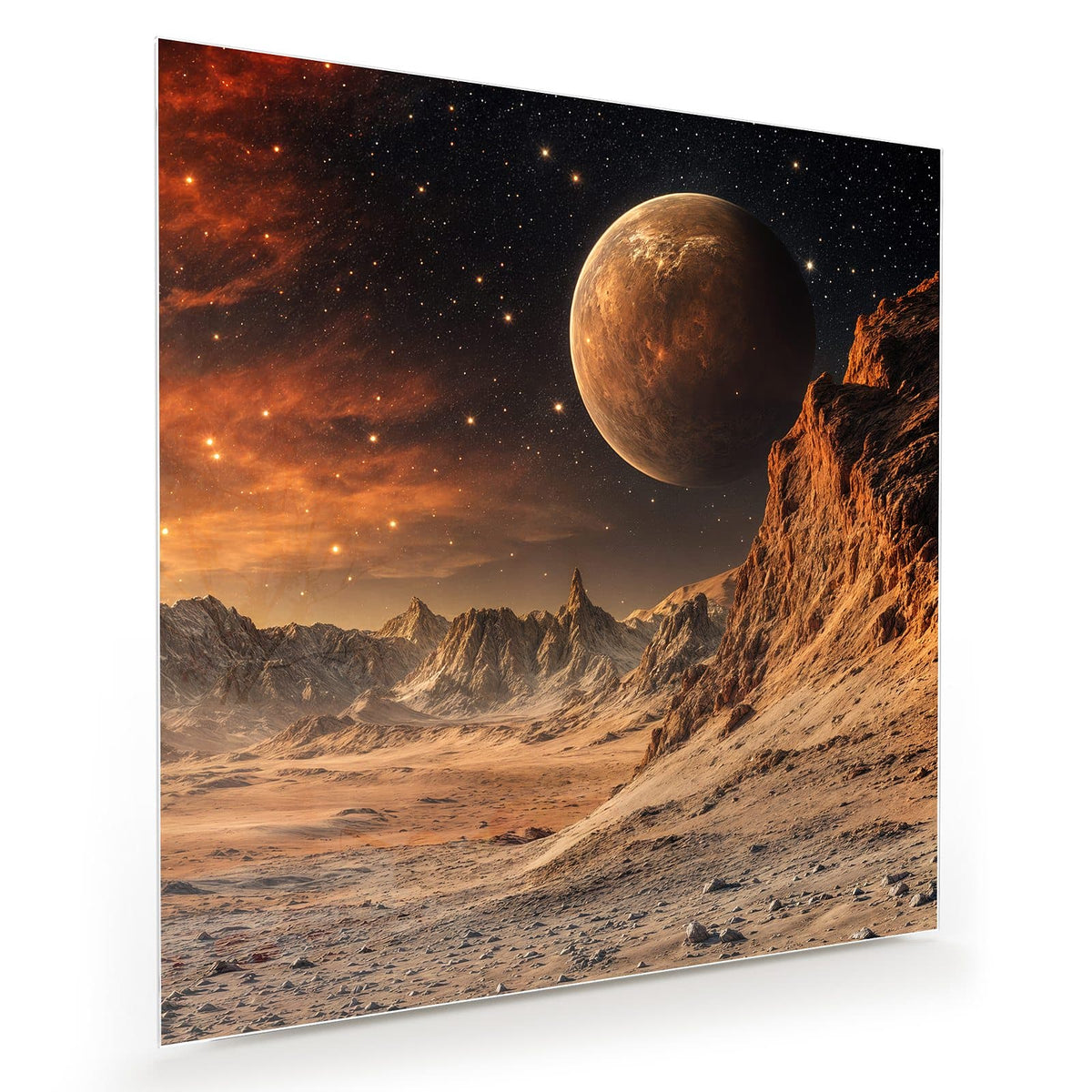 Steinige rote Wüstenlandschaft mit Felskante, darüber ein großer beiger Planet