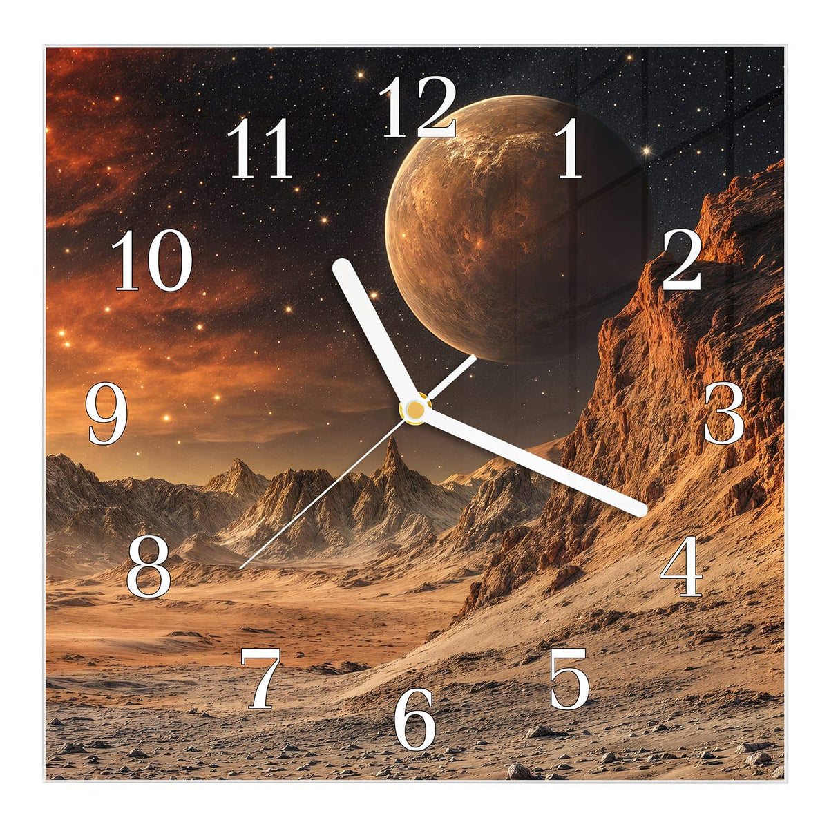 Wanduhr aus Glas, Ziffernblatt Klassisch: Steinige rote Wüstenlandschaft mit Felskante, darüber ein großer beiger Planet
