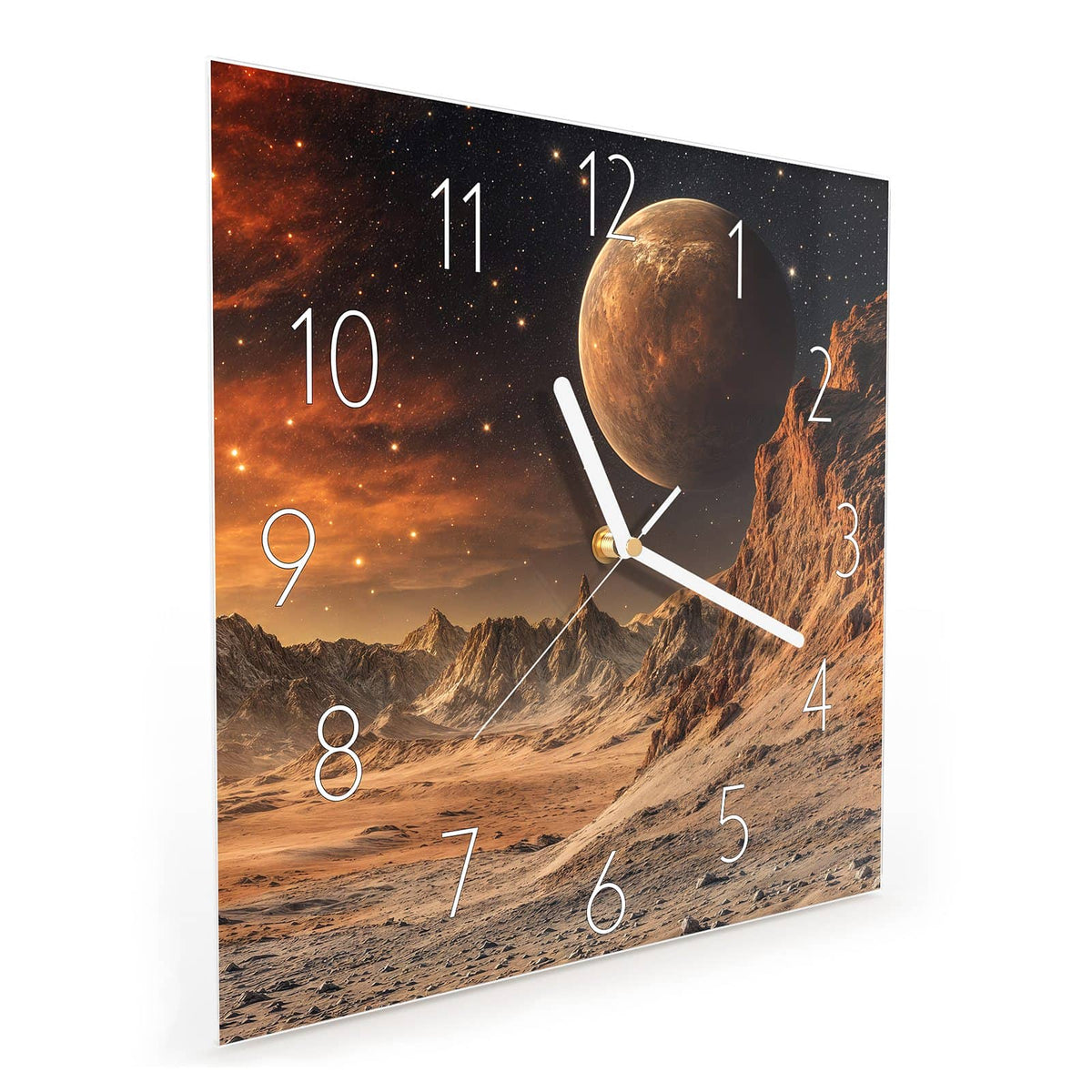 Quadratische Wanduhr aus Glas Planet über der Wüste schräg von der Seite, 4 mm starkes Glas