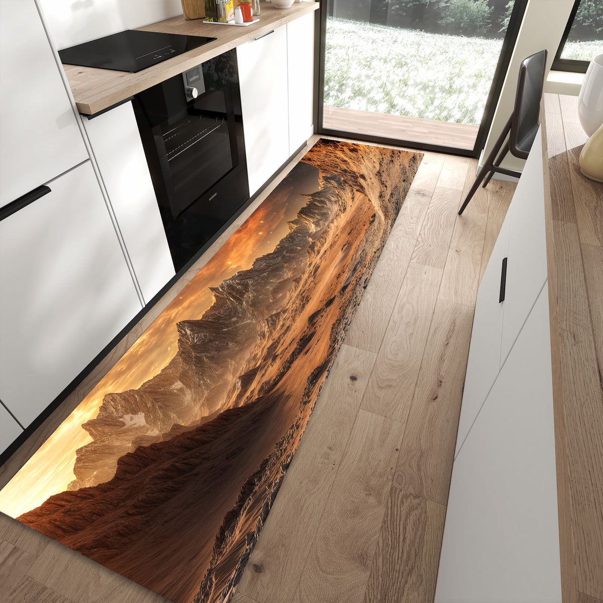 Küchenteppich mit Motiv Fremder Planet für Ordnung in moderner Küche