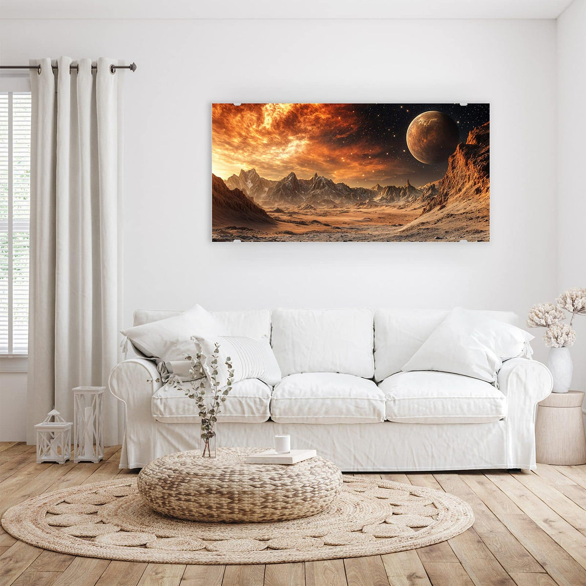 Wandbild - Planet über der Wüste - Querformat – Großer Planet über roter Wüste