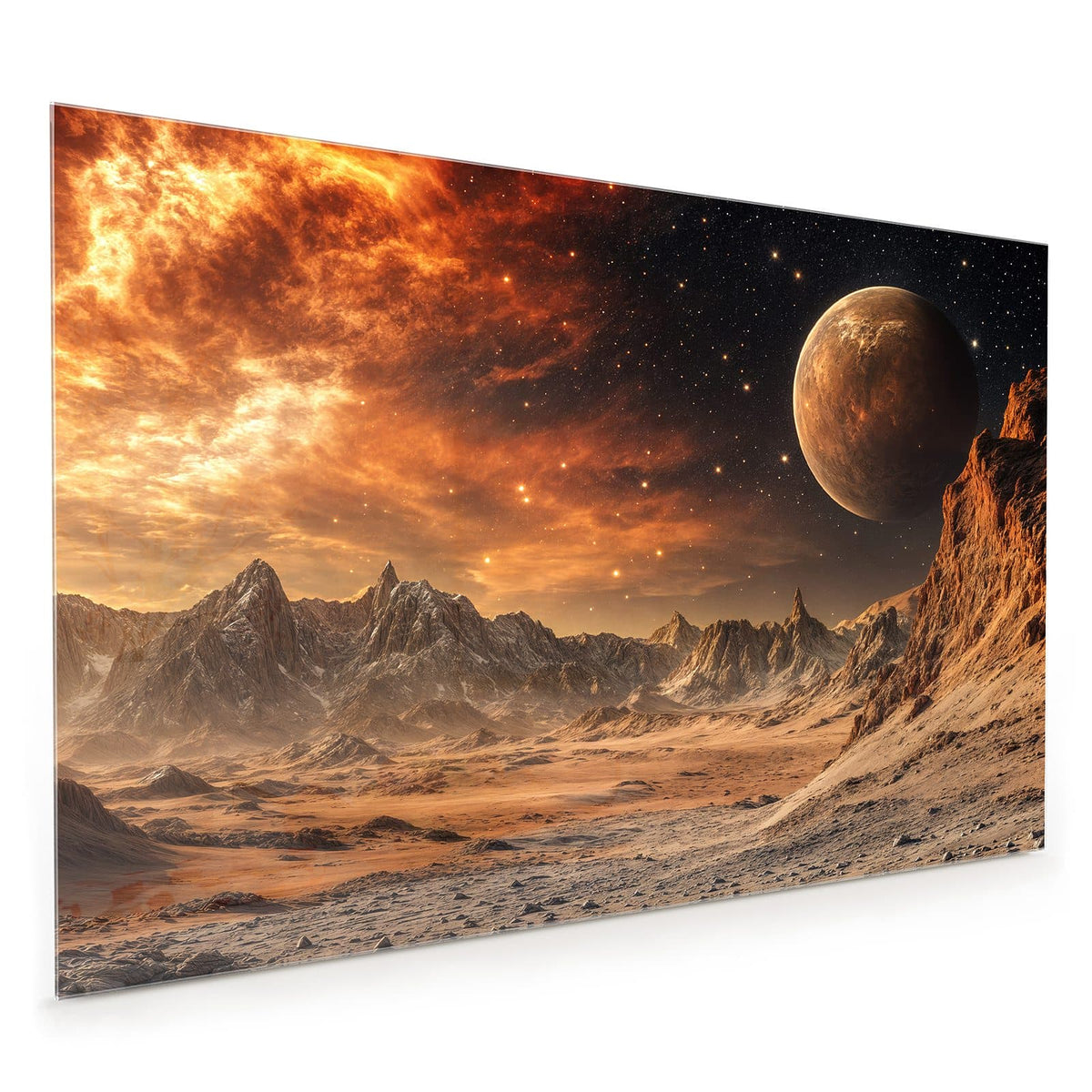 Küchenrückwand aus Glas im Hochformat: Steinige rote Wüstenlandschaft mit Felskante, darüber ein großer beiger Planet