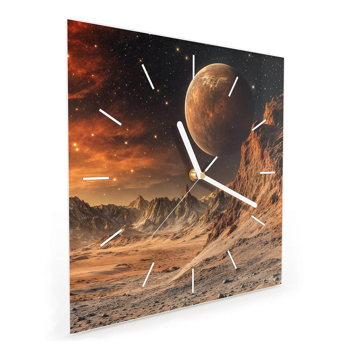 Quadratische Wanduhr aus Glas Planet über der Wüste schräg von der Seite, 4 mm starkes Glas