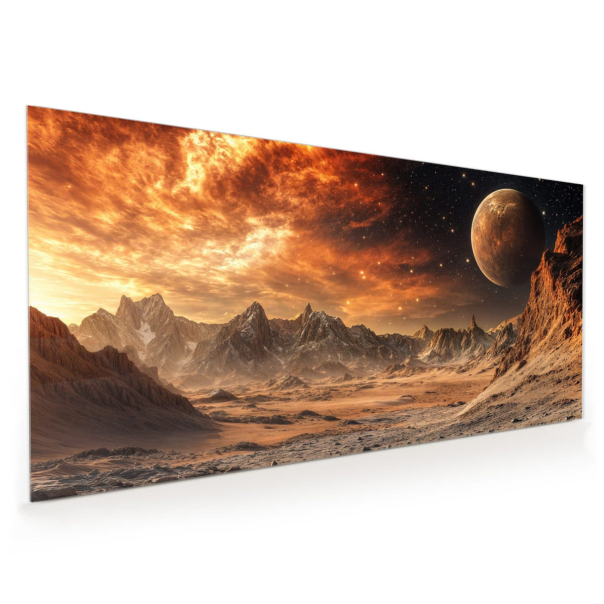 Küchenrückwand aus Glas im Hochformat: Steinige rote Wüstenlandschaft mit Felskante, darüber ein großer beiger Planet