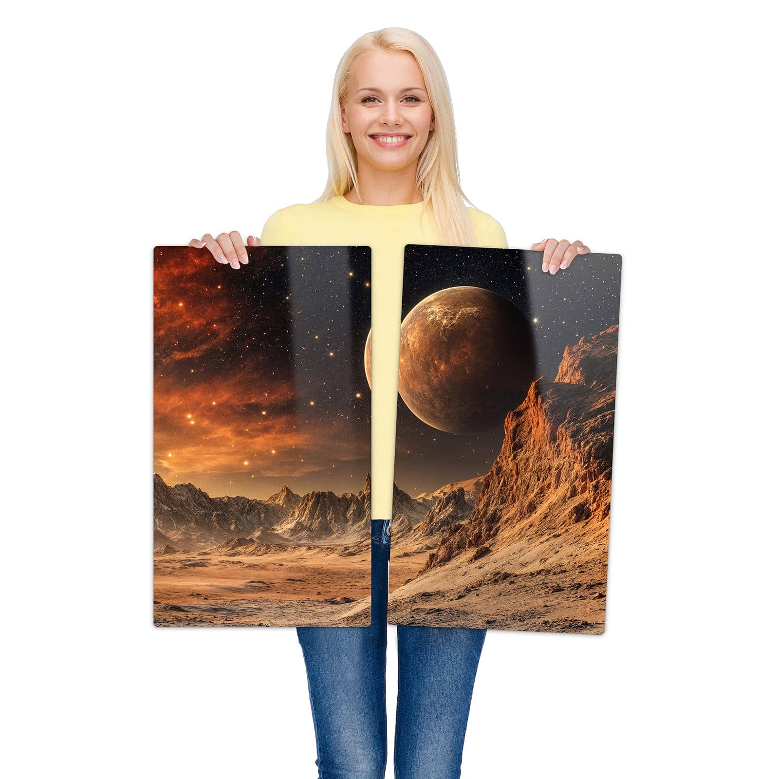 2-teilige Abdeckplatten für Ceranfeld mit Fremder Planet-Motiv wird zur Größendarstellung gehalten