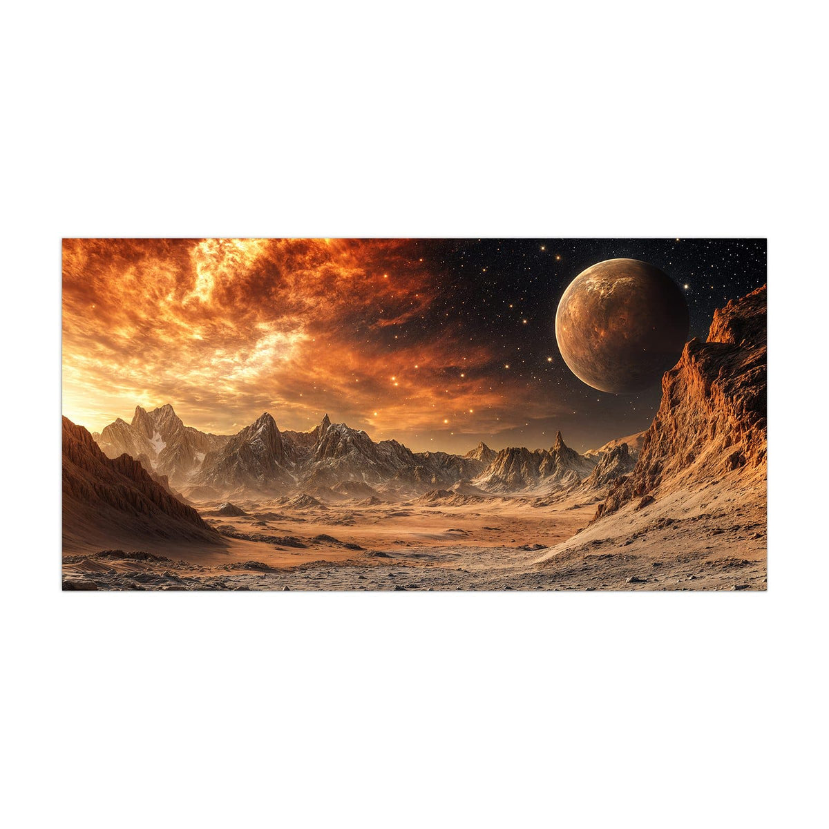 Küchenrückwand aus Glas Planet über der Wüste im Hochformat, Motiv bildfüllend von vorn