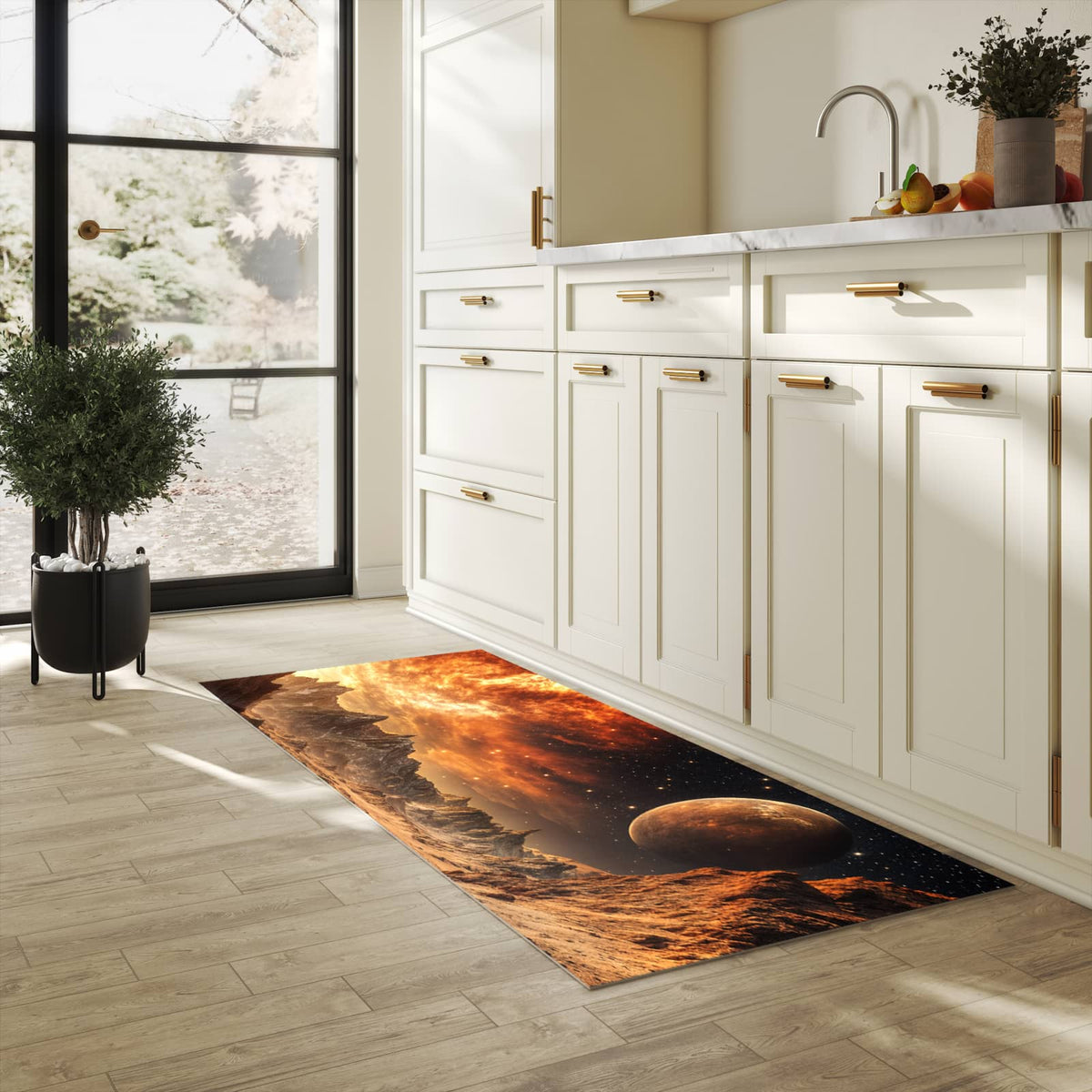 Hygienischer moderner Küchenläufer mit Motiv Fremder Planet in heller Küche