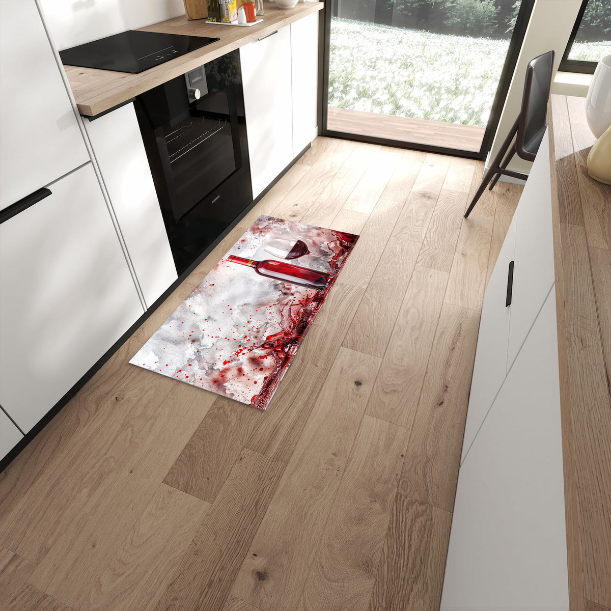 Formstabiler Küchenläufer mit Motiv Rotwein mit Glas in moderner Küche #grösse_60 x 120 cm