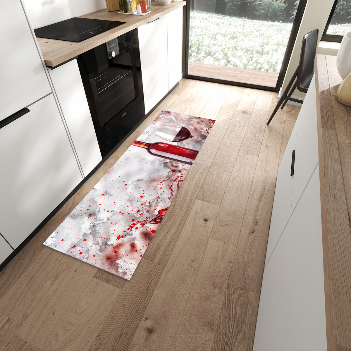 Zeitsparender abwaschbarer Küchenteppich mit Motiv Rotwein mit Glas in moderner Küche