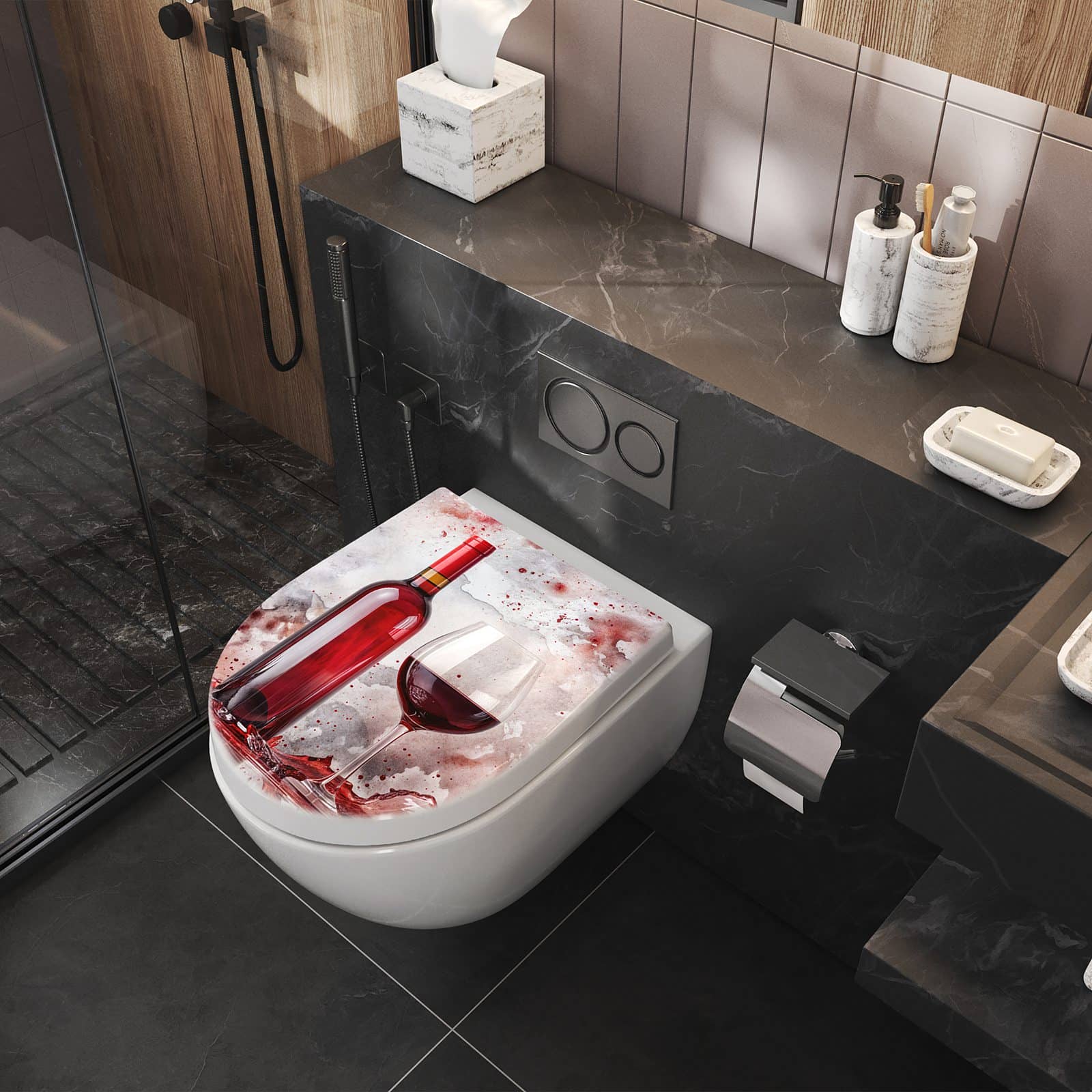 WC-Sitz mit Absenkautomatik Rotwein mit Glas