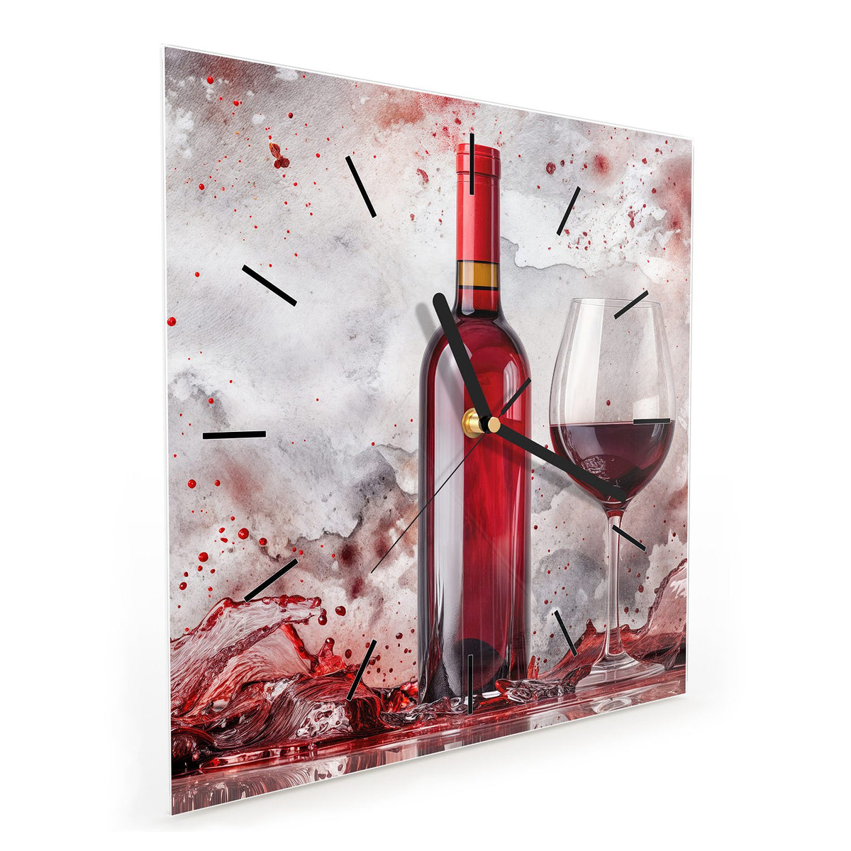 Quadratische Wanduhr aus Glas Weinflasche im Spritzer schräg von der Seite, 4 mm starkes Glas