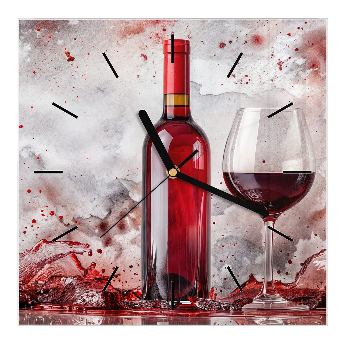 Wanduhr aus Glas, Ziffernblatt Linie mit Motiv Weinflasche im Spritzer: Rotweinflasche und gefülltes Glas, ringsum rote Weinspritzer vor marmoriertem Grund
