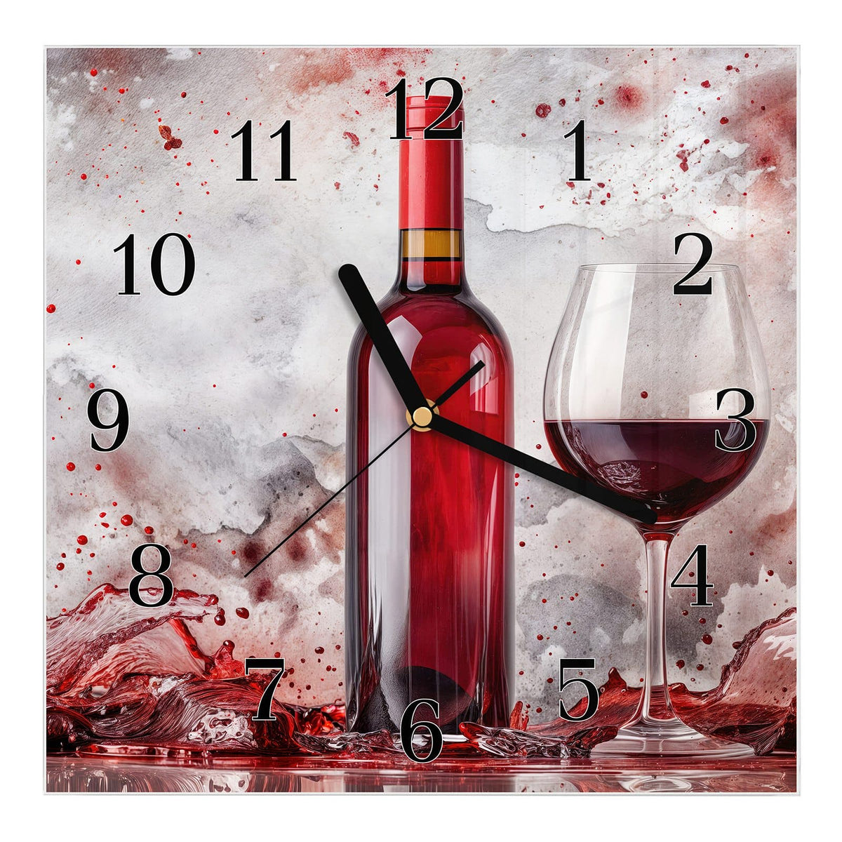 Wanduhr aus Glas, Ziffernblatt Klassisch mit Motiv Weinflasche im Spritzer: Rotweinflasche und gefülltes Glas, ringsum rote Weinspritzer vor marmoriertem Grund