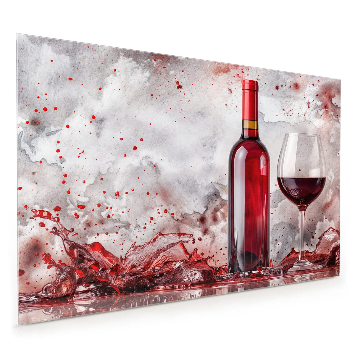 Küchenrückwand aus Glas im Hochformat mit Motiv Weinflasche im Spritzer: Rotweinflasche und gefülltes Glas, ringsum rote Weinspritzer vor marmoriertem Grund