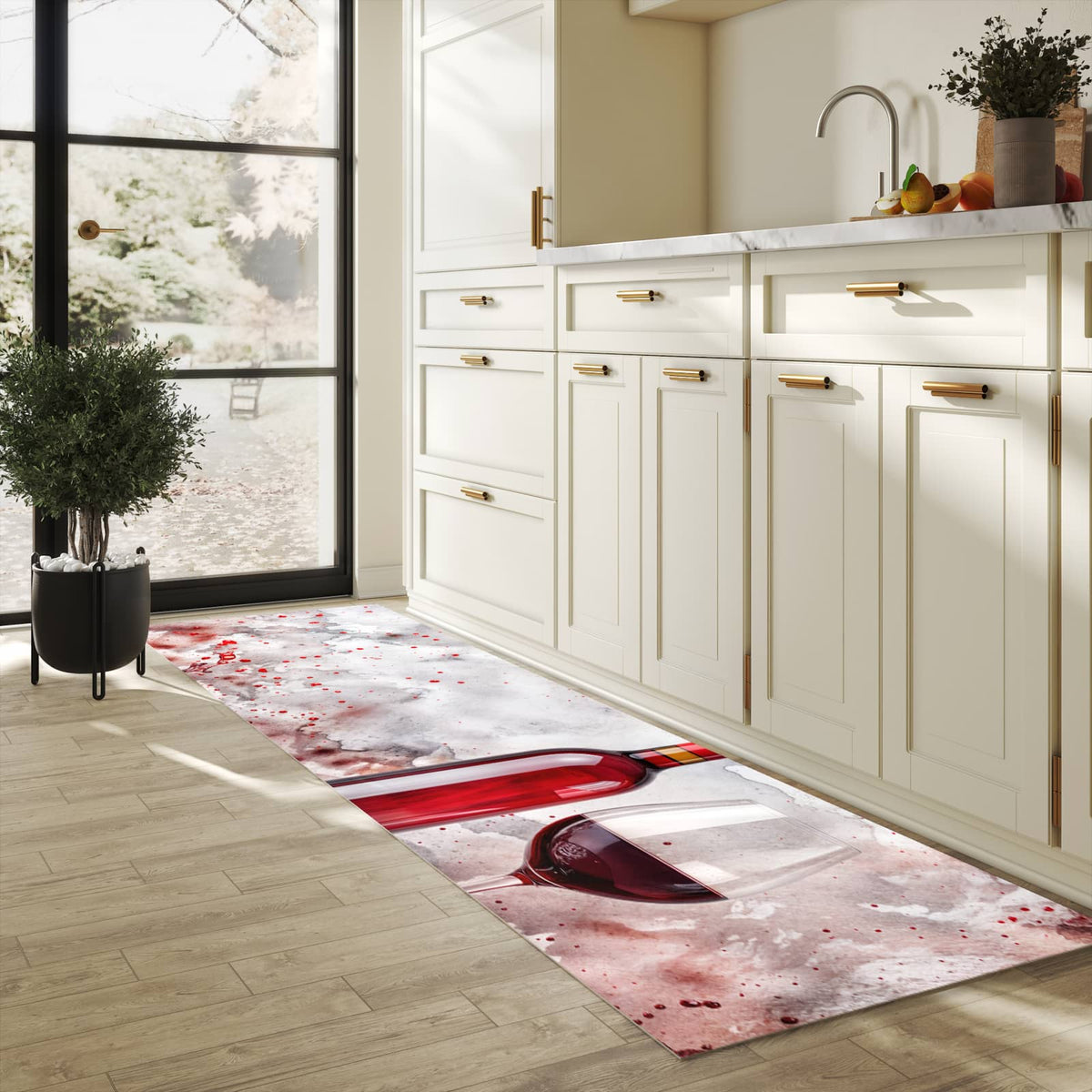 Fleckenresistenter Küchenläufer mit Motiv Rotwein mit Glas in heller Küche