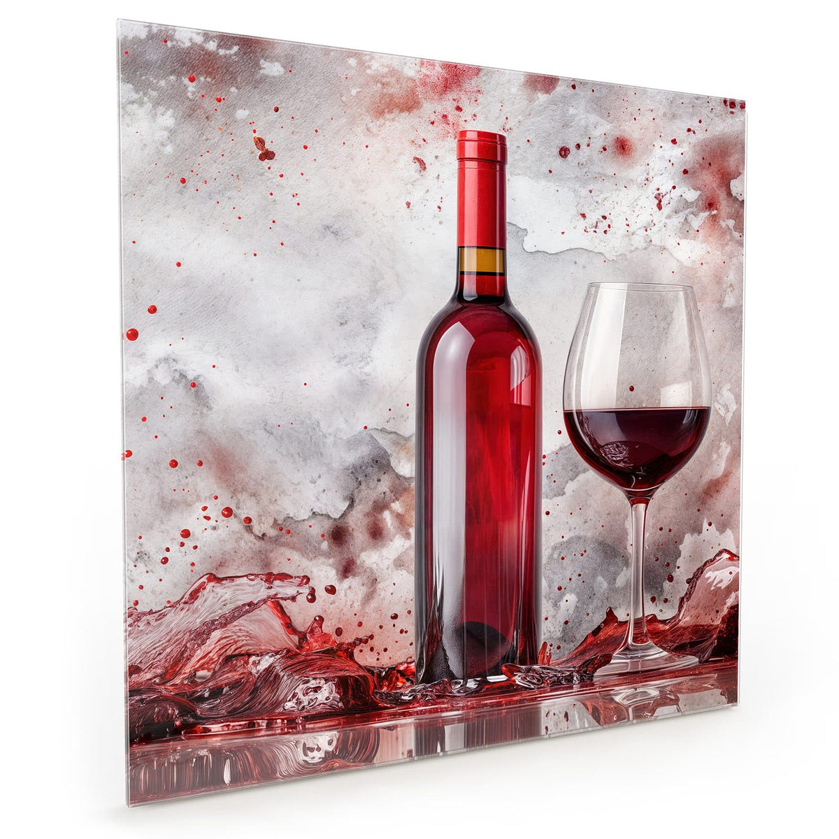 Küchenrückwand aus Glas im quadratischen Format mit Motiv Weinflasche im Spritzer: Rotweinflasche und gefülltes Glas #grösse_40 x 40 cm #grösse_50 x 50 cm #grösse_60 x 60 cm
